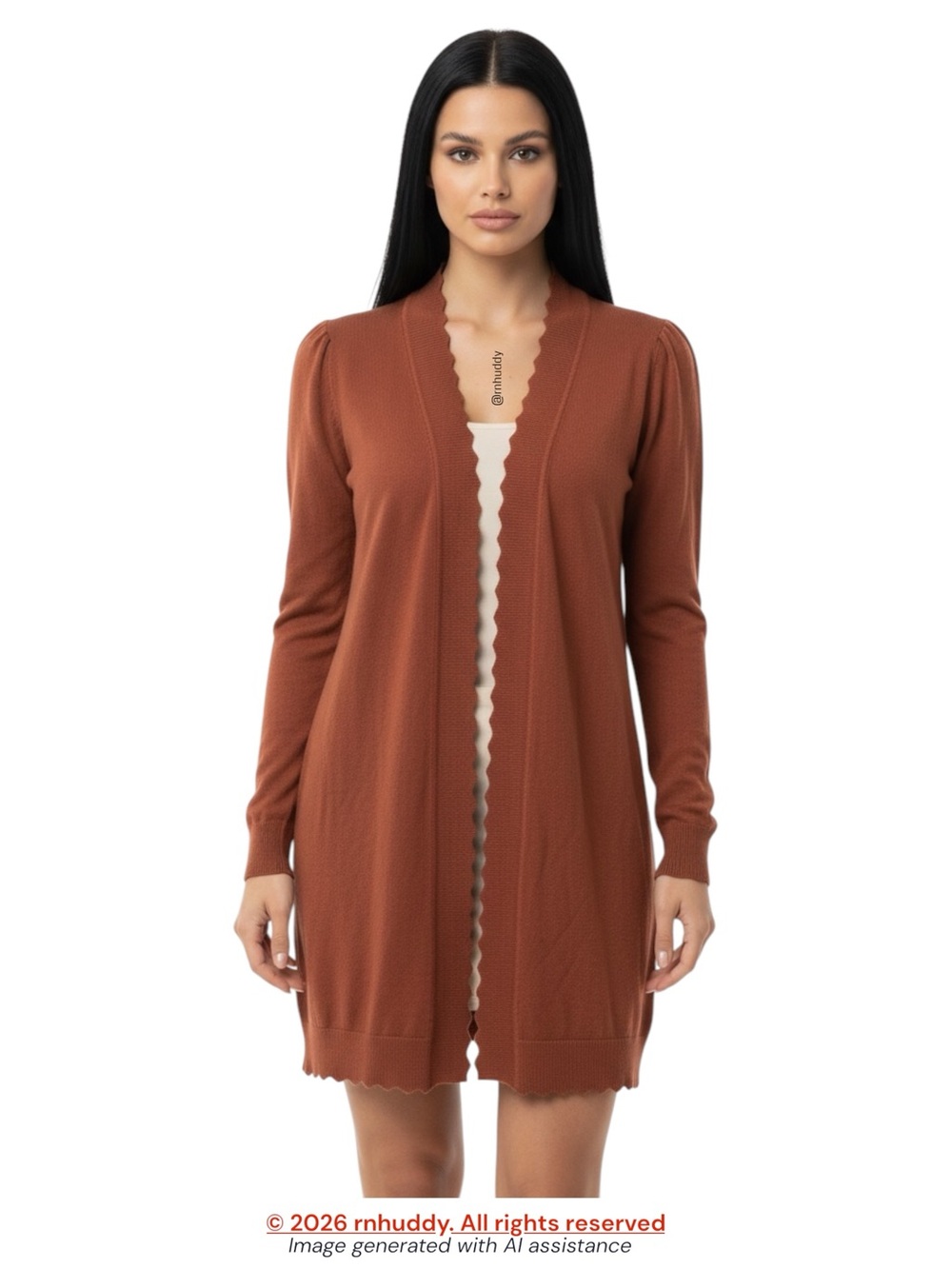 NWT Evolution by Cyrus petite S rust scalloped edge open cardigan